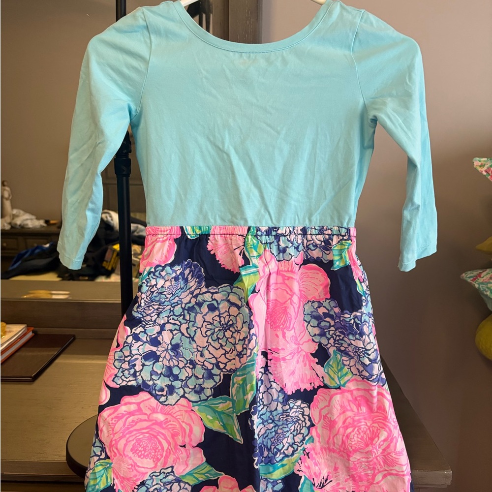 Lilly Pulitzer Aqua Top with Navy, Pink & Green Floral Skirt Dress